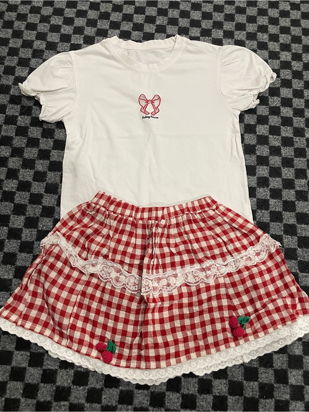 Girl red and White Gingham Lace-Trim Casual mini skirt T-shirt set